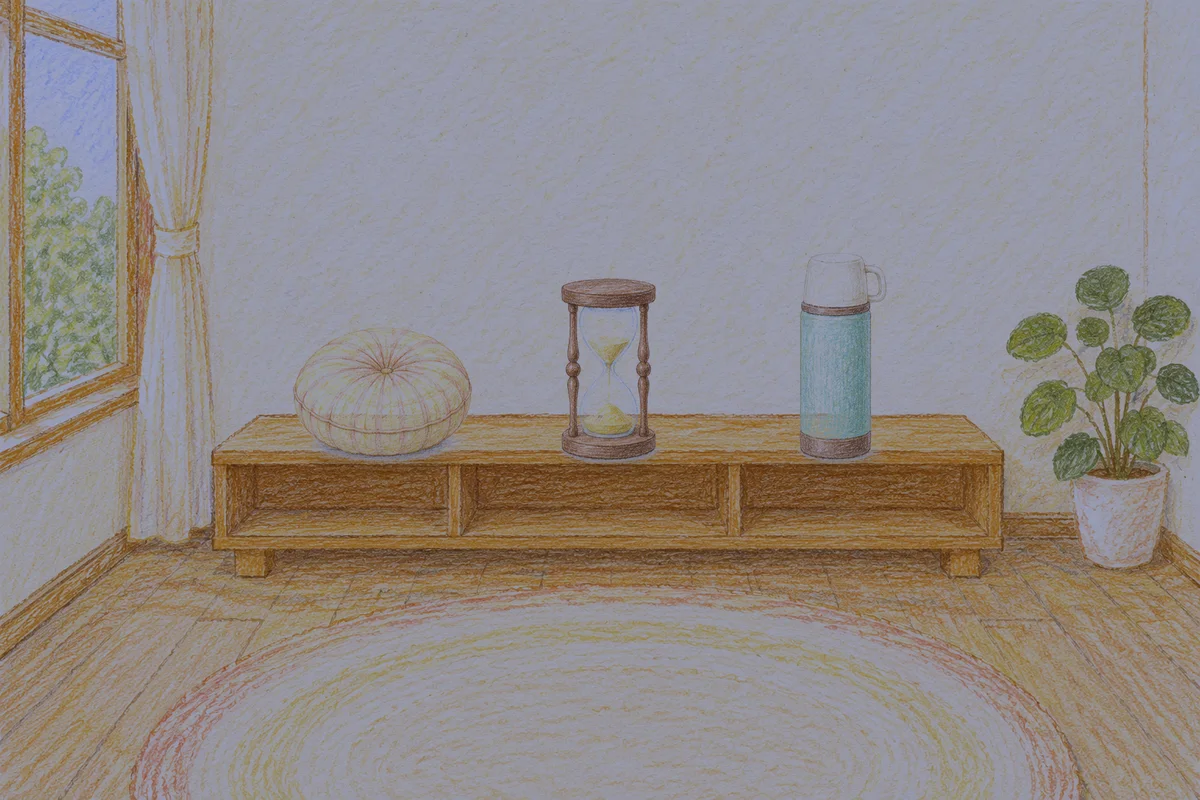 휘경동 여성전용 피부 관리 안내 그림, 밤의 창가 낮은 선반 위에 놓인 둥근 쿠션, 모래시계, 보온병