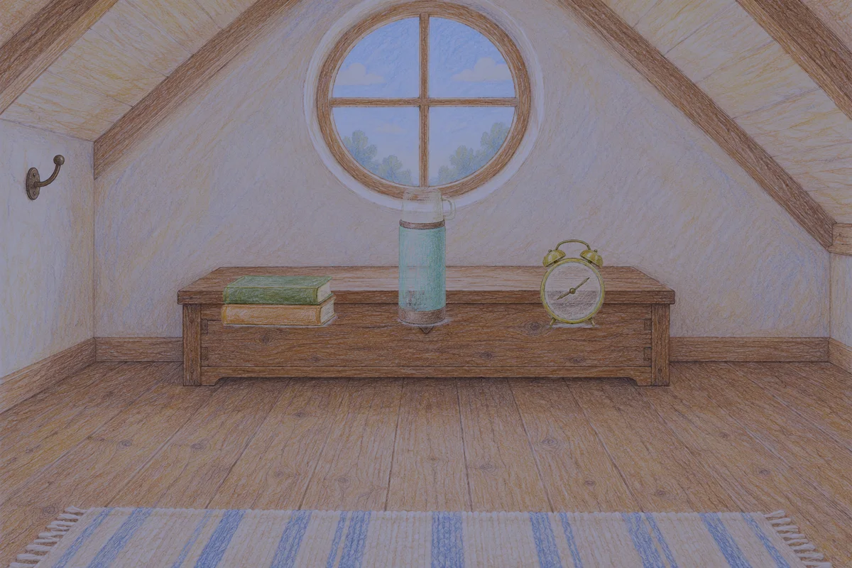 휘경동 여성전용 예약 마사지 안내 그림, 밤의 다락방 나무 궤짝 위에 놓인 책 두 권, 보온병, 둥근 알람시계