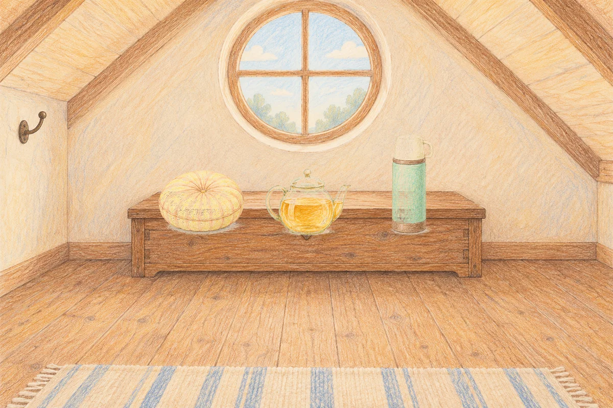 휘경동 여성전용 출장 마사지 안내 그림, 낮의 다락방 나무 궤짝 위에 놓인 둥근 쿠션, 유리 티포트, 보온병