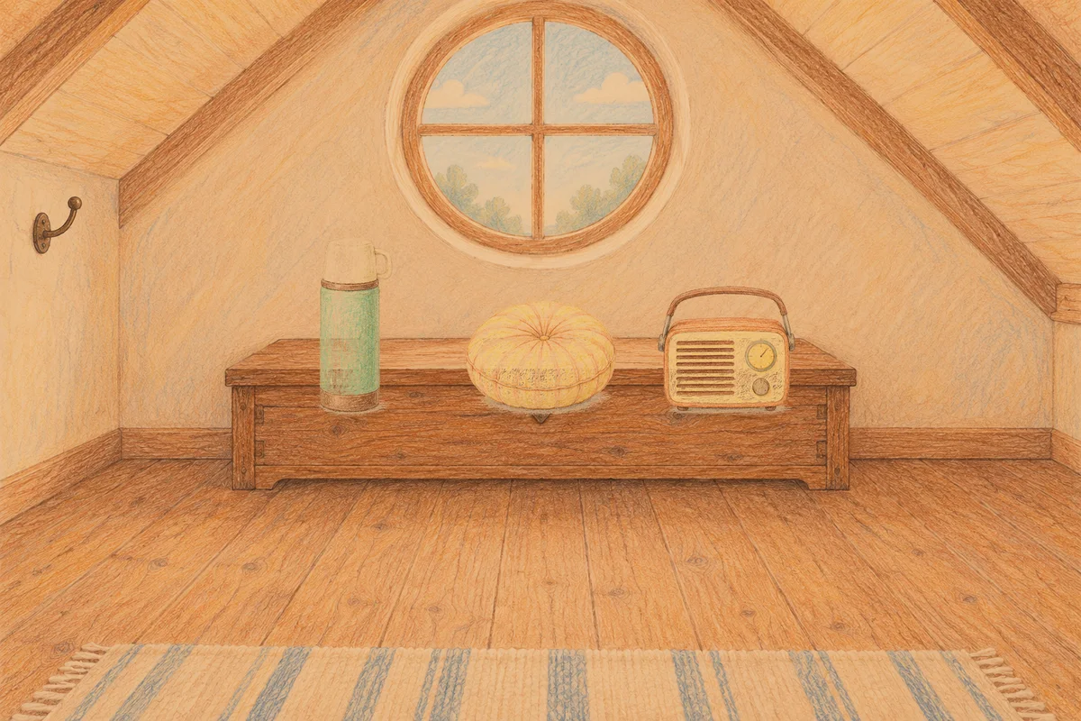이문동 여성전용 프리미엄 스웨디시 안내 그림, 저녁의 다락방 나무 궤짝 위에 놓인 보온병, 둥근 쿠션, 작은 라디오