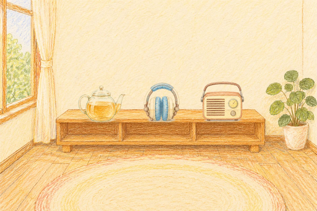 이문동 여성전용 아로마 추천 안내 그림, 낮의 창가 낮은 선반 위에 놓인 유리 티포트, 헤드폰, 작은 라디오