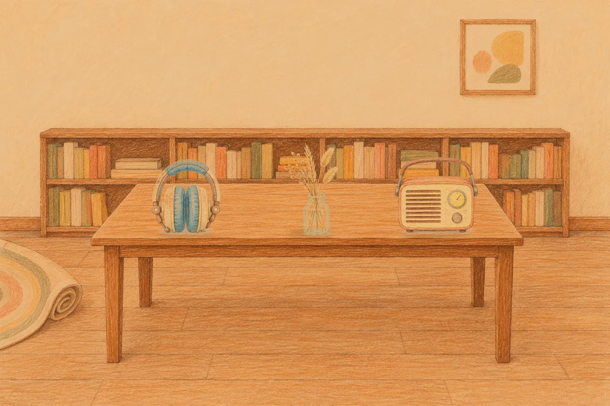 이문동 여성전용 경락 마사지 안내 그림, 저녁의 서재 긴 책상 위에 놓인 헤드폰, 마른 풀을 꽂은 항아리, 작은 라디오