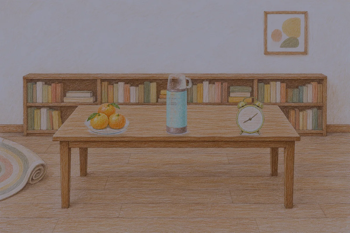 이문동 여성전용 1인샵 안내 그림, 밤의 서재 긴 책상 위에 놓인 귤이 담긴 접시, 보온병, 둥근 알람시계