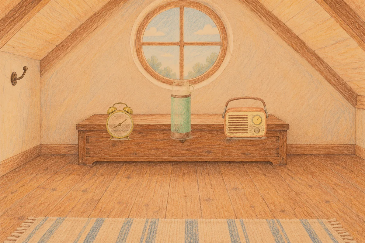 이문동 여성전용 프라이빗 케어 안내 그림, 저녁의 다락방 나무 궤짝 위에 놓인 둥근 알람시계, 보온병, 작은 라디오