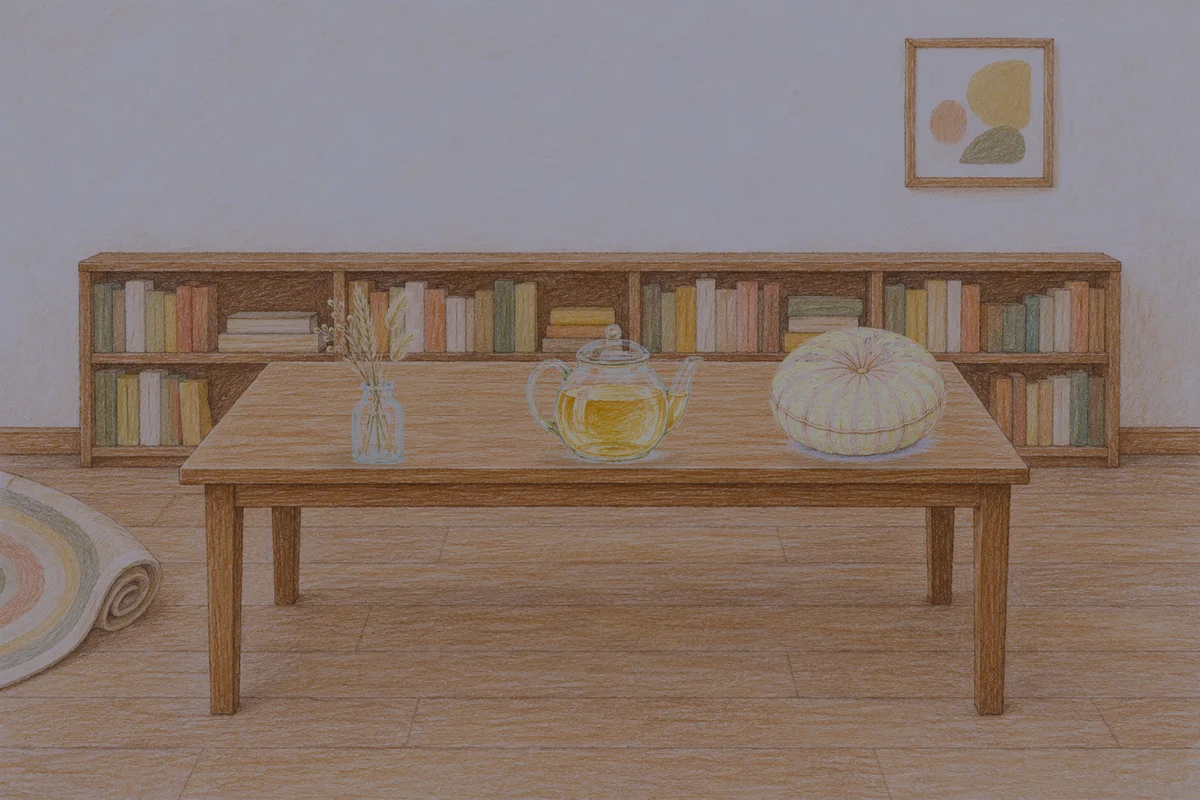 이문동 여성전용 발 케어 안내 그림, 밤의 서재 긴 책상 위에 놓인 마른 풀을 꽂은 항아리, 유리 티포트, 둥근 쿠션
