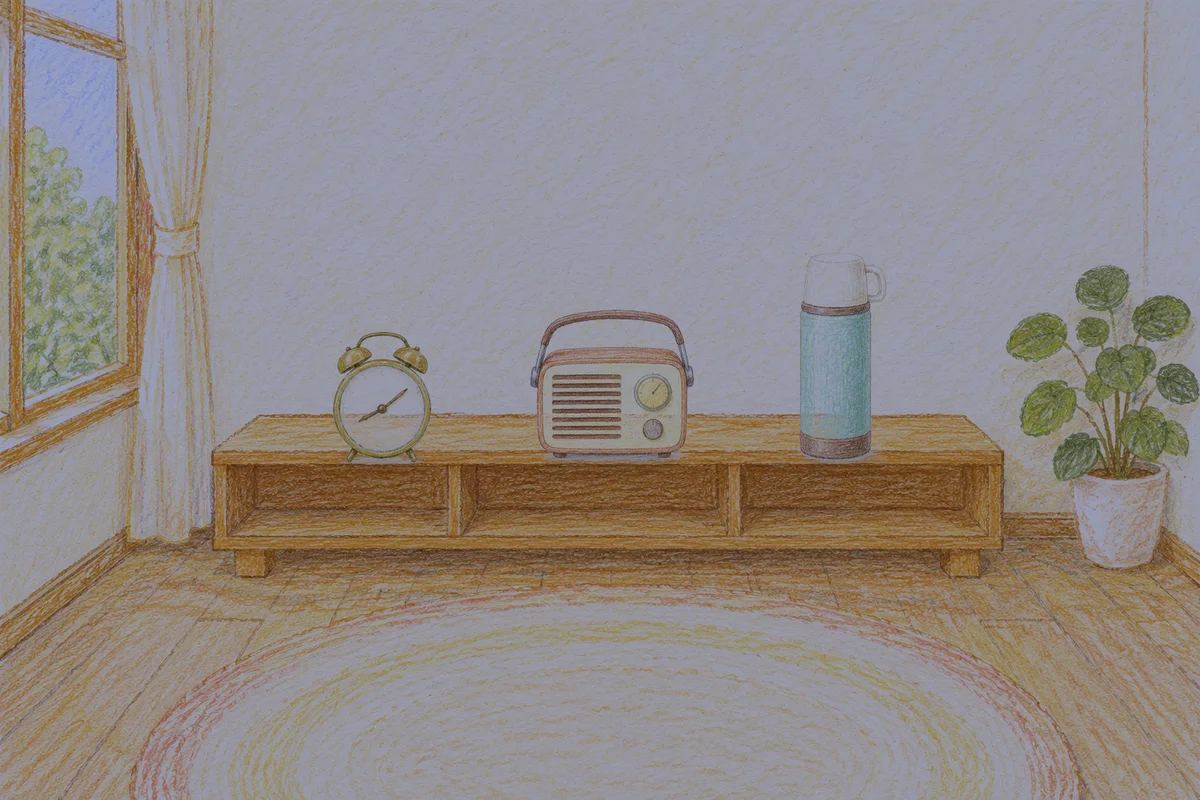 이문동 여성전용 발관리 추천 안내 그림, 밤의 창가 낮은 선반 위에 놓인 둥근 알람시계, 작은 라디오, 보온병