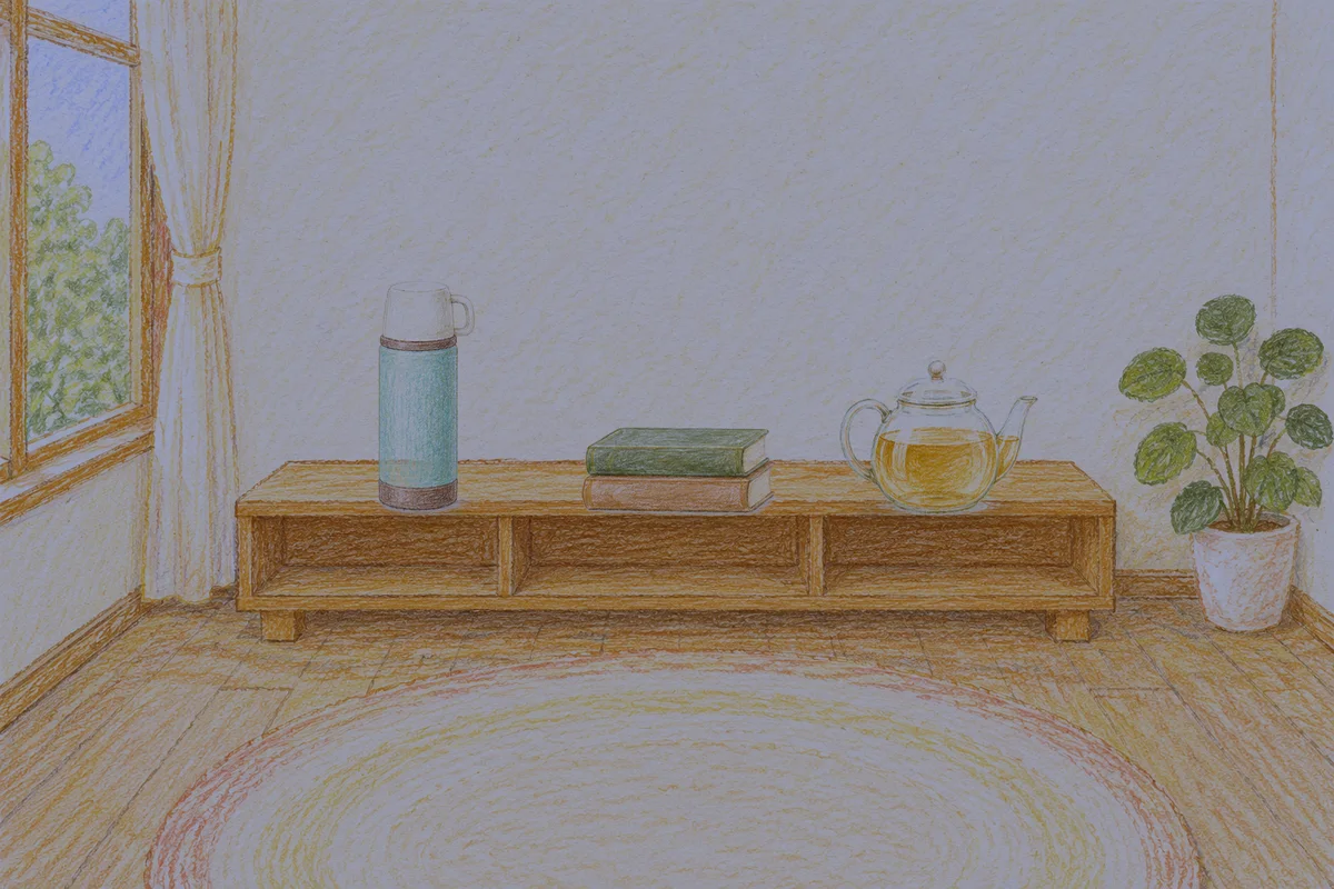 이문동 여성전용 바디 케어 안내 그림, 밤의 창가 낮은 선반 위에 놓인 보온병, 책 두 권, 유리 티포트