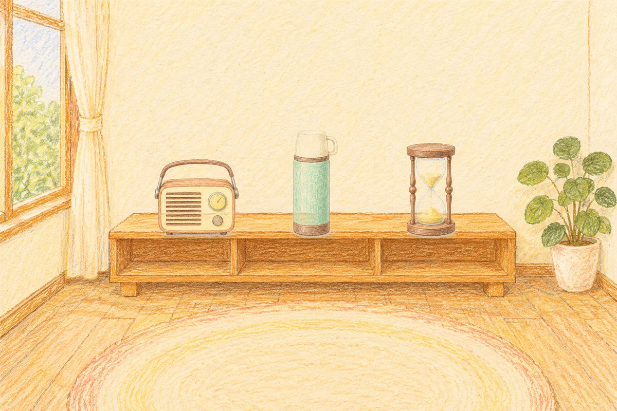 이문동 여성전용 슬리밍 마사지 안내 그림, 낮의 창가 낮은 선반 위에 놓인 작은 라디오, 보온병, 모래시계
