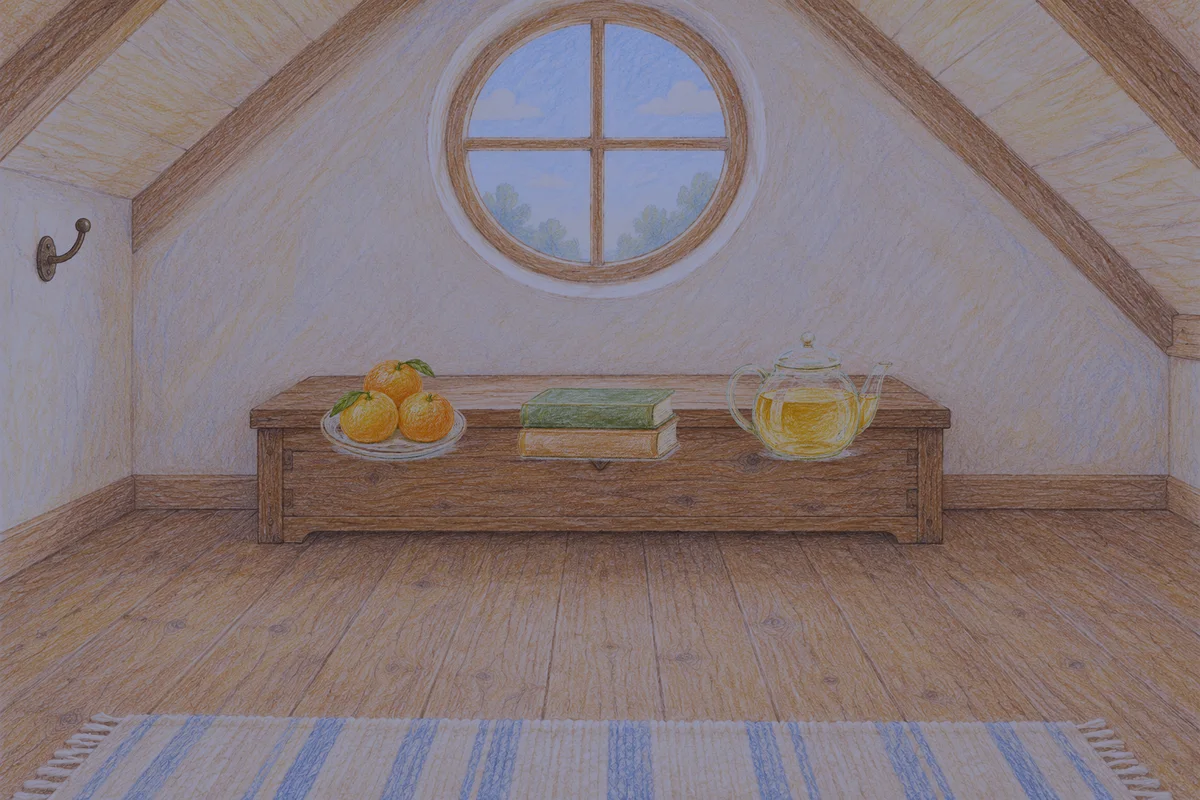이문동 여성전용 종아리 케어 안내 그림, 밤의 다락방 나무 궤짝 위에 놓인 귤이 담긴 접시, 책 두 권, 유리 티포트