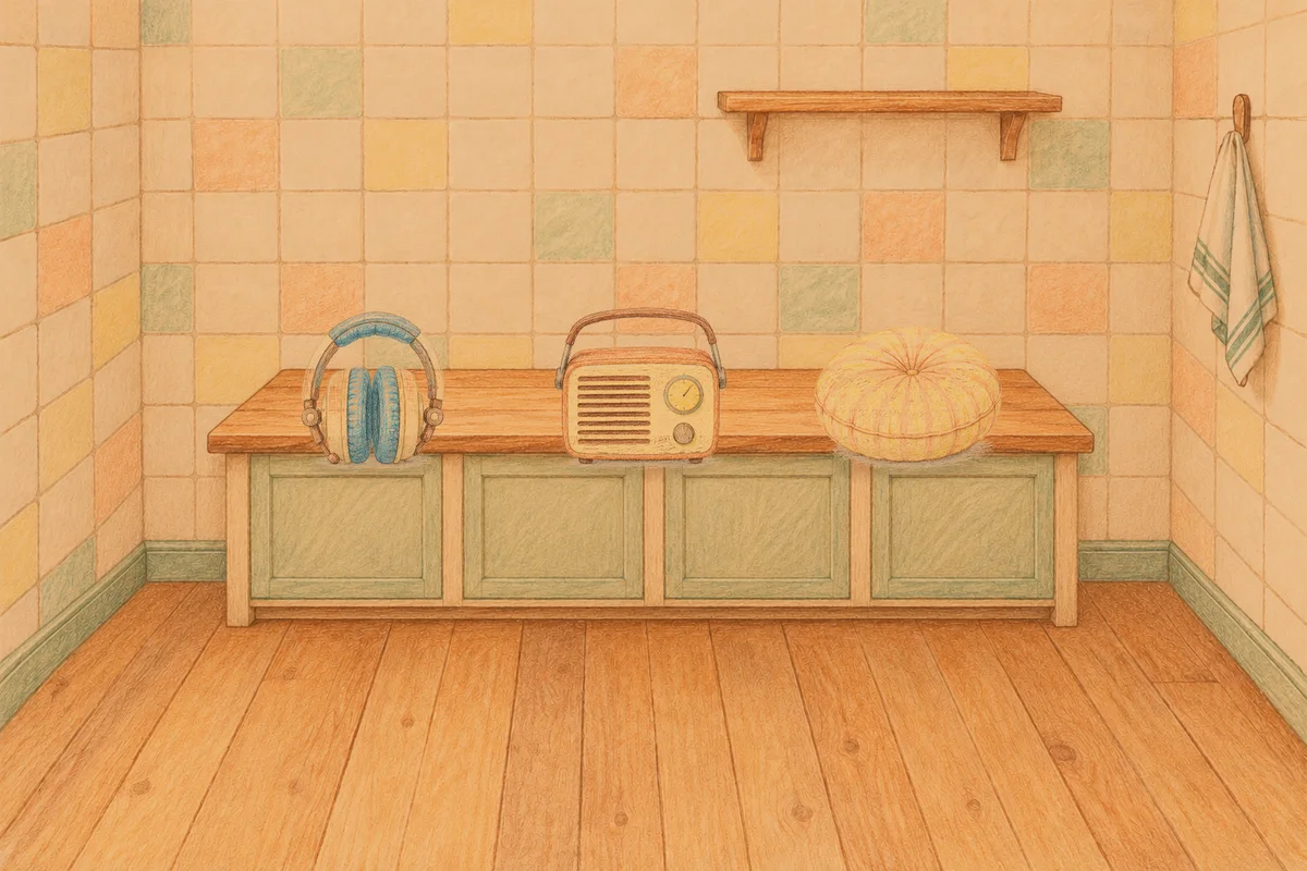 이문동 여성전용 등 마사지 안내 그림, 저녁의 부엌 나무 조리대 위에 놓인 헤드폰, 작은 라디오, 둥근 쿠션