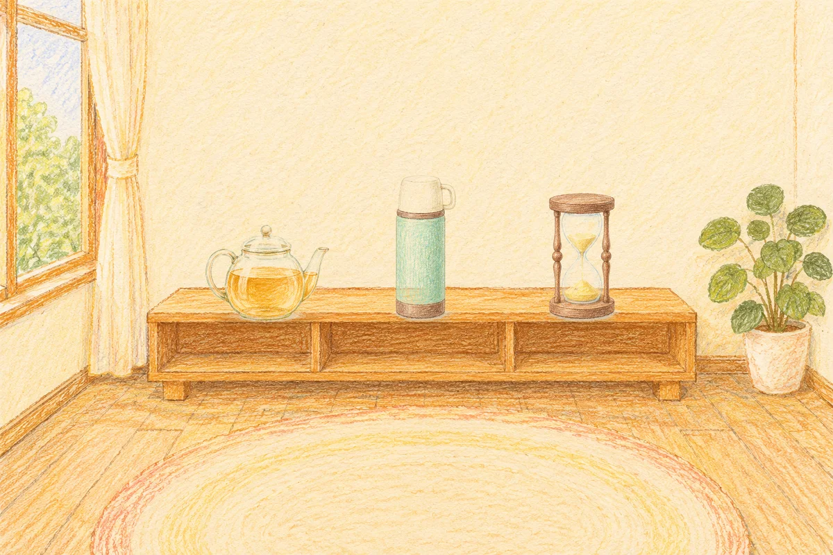 이문동 여성전용 목 어깨 케어 안내 그림, 낮의 창가 낮은 선반 위에 놓인 유리 티포트, 보온병, 모래시계