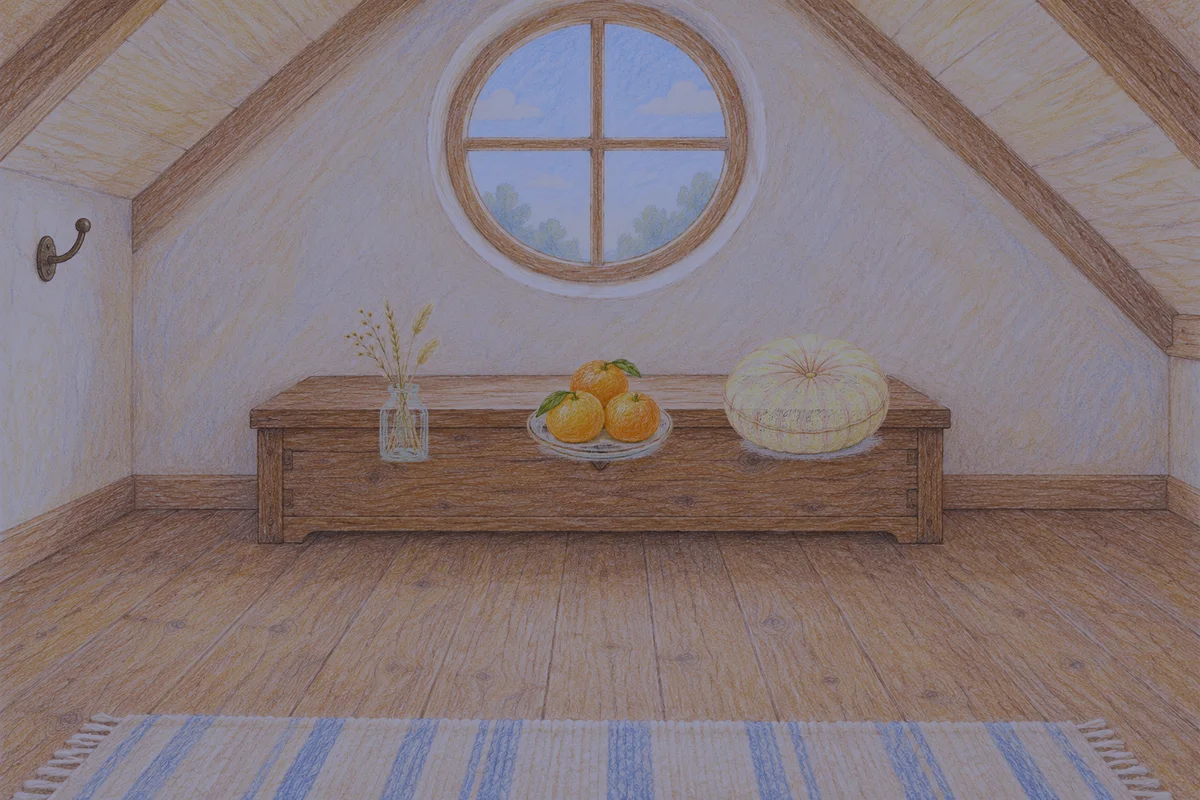 이문동 여성전용 스트레스 케어 안내 그림, 밤의 다락방 나무 궤짝 위에 놓인 마른 풀을 꽂은 항아리, 귤이 담긴 접시, 둥근 쿠션