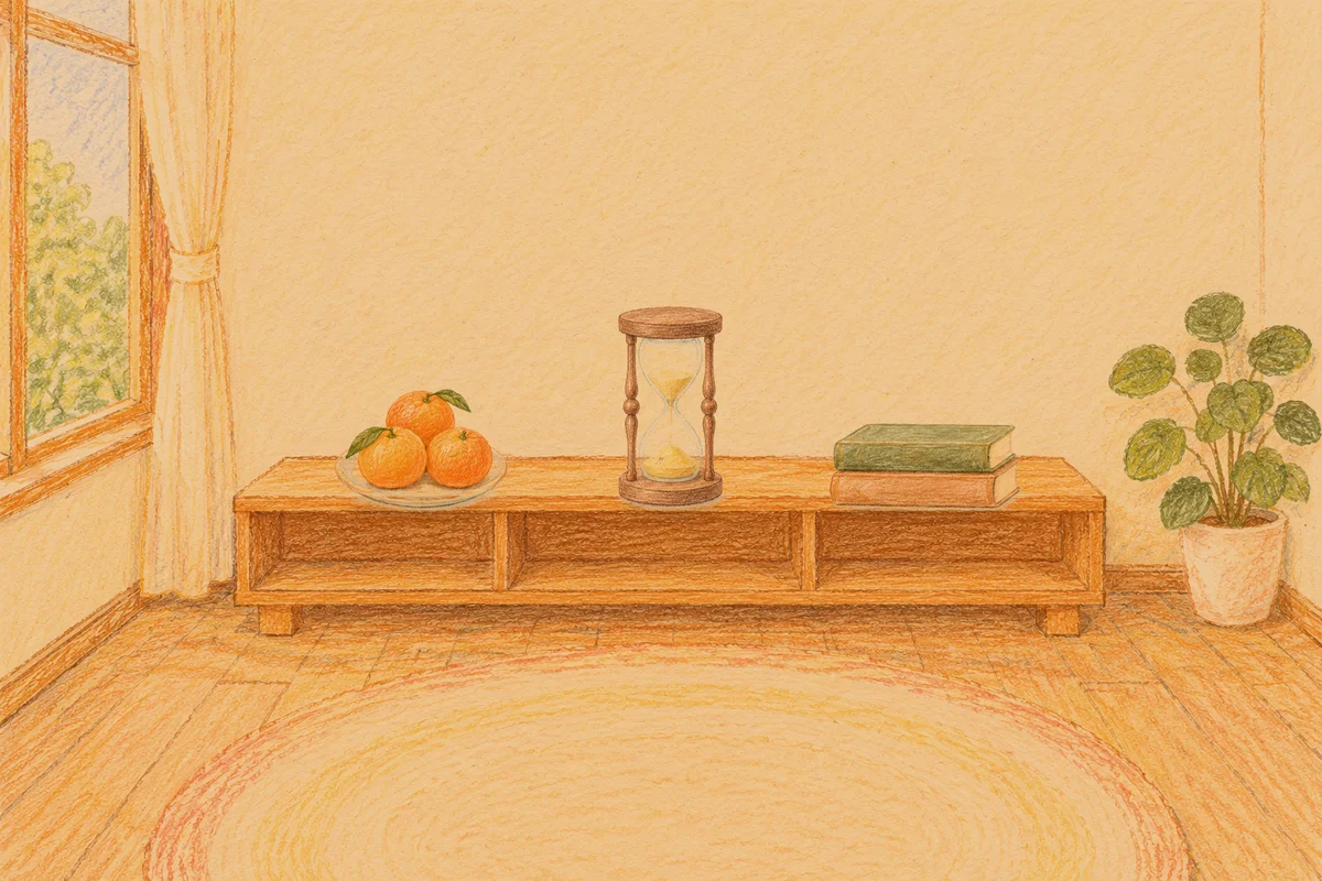 이문동 여성전용 피로 회복 마사지 안내 그림, 저녁의 창가 낮은 선반 위에 놓인 귤이 담긴 접시, 모래시계, 책 두 권