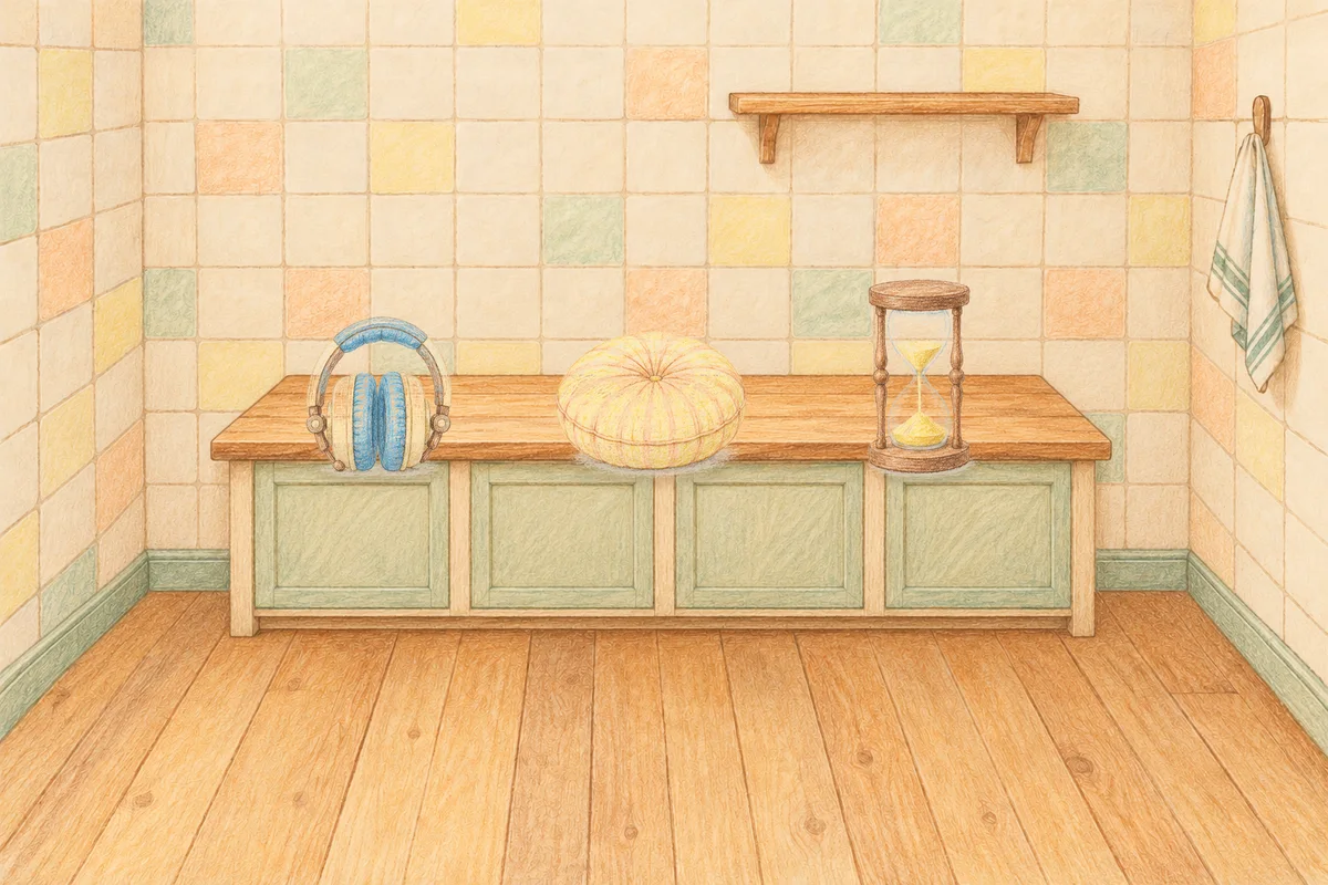 이문동 여성전용 피부 관리 안내 그림, 낮의 부엌 나무 조리대 위에 놓인 헤드폰, 둥근 쿠션, 모래시계