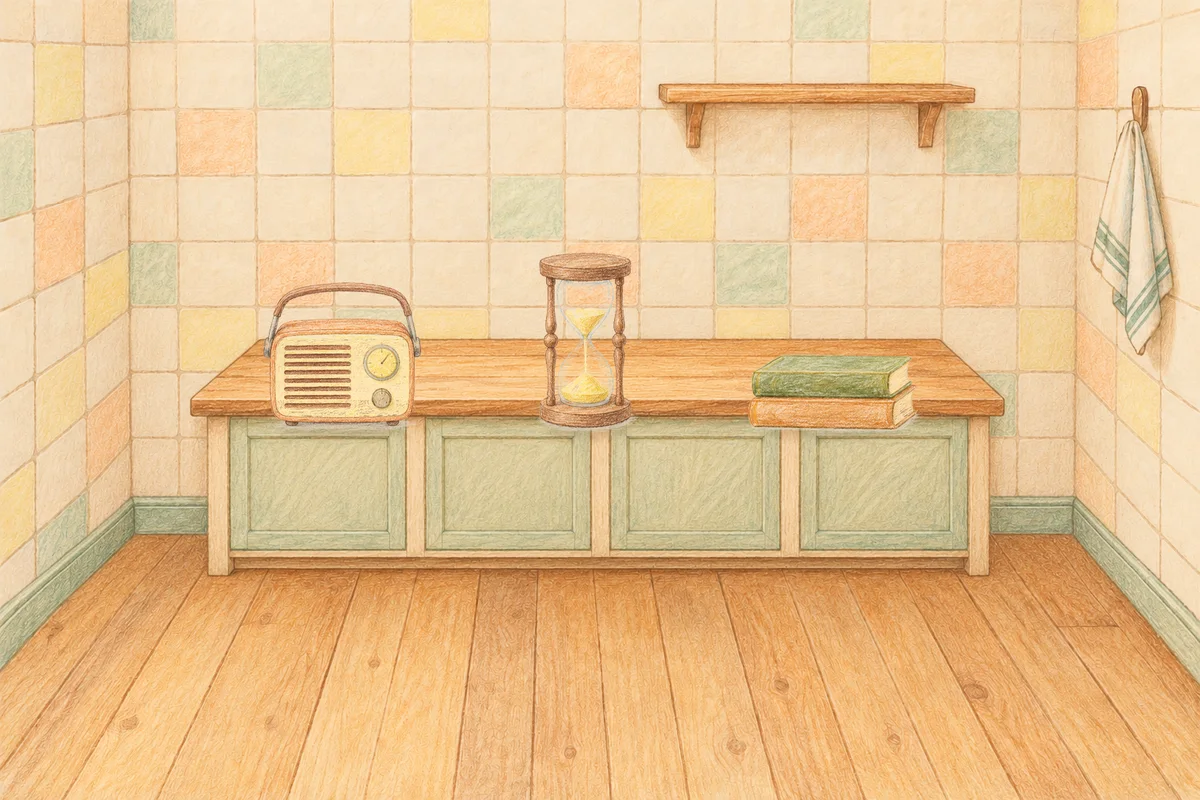 이문동 여성전용 샵 마사지 안내 그림, 낮의 부엌 나무 조리대 위에 놓인 작은 라디오, 모래시계, 책 두 권