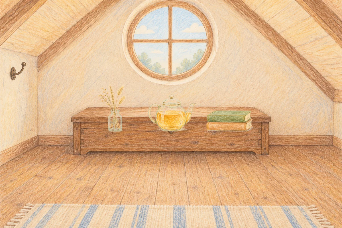 회기동 여성전용 스웨디시 홈케어 안내 그림, 낮의 다락방 나무 궤짝 위에 놓인 마른 풀을 꽂은 항아리, 유리 티포트, 책 두 권