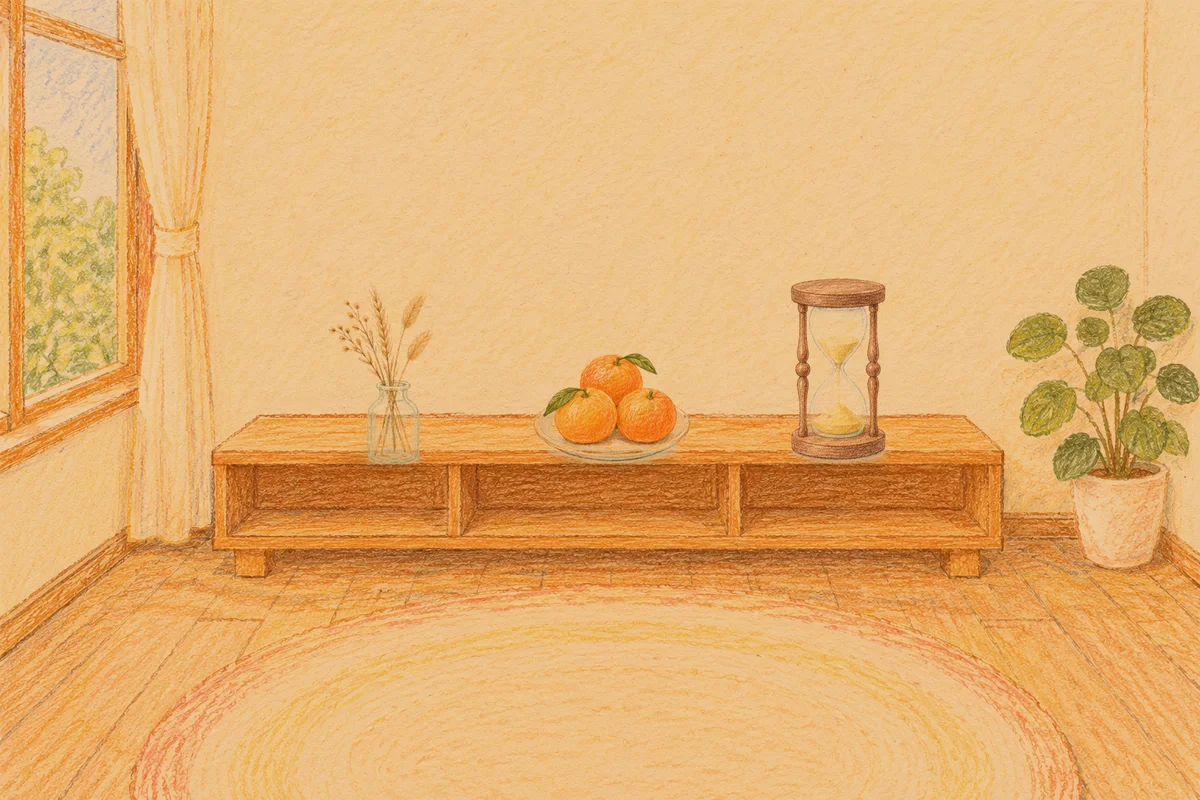 회기동 여성전용 프리미엄 스웨디시 안내 그림, 저녁의 창가 낮은 선반 위에 놓인 마른 풀을 꽂은 항아리, 귤이 담긴 접시, 모래시계