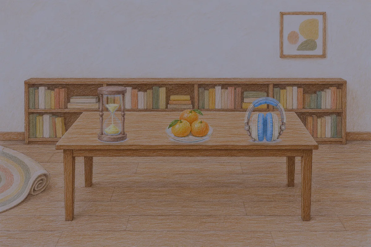 회기동 여성전용 라벤더 아로마 안내 그림, 밤의 서재 긴 책상 위에 놓인 모래시계, 귤이 담긴 접시, 헤드폰