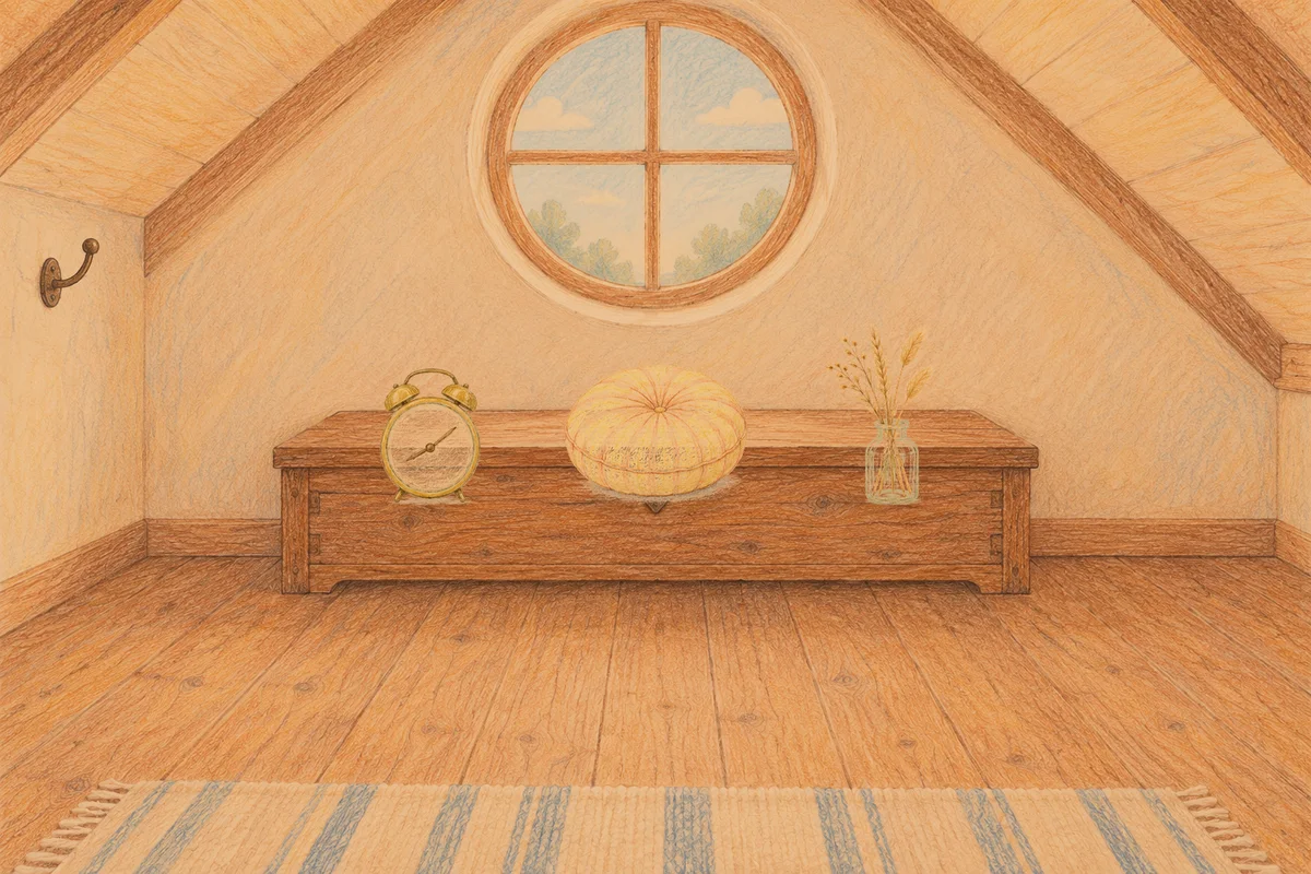 회기동 여성전용 아로마 마사지 후기 안내 그림, 저녁의 다락방 나무 궤짝 위에 놓인 둥근 알람시계, 둥근 쿠션, 마른 풀을 꽂은 항아리