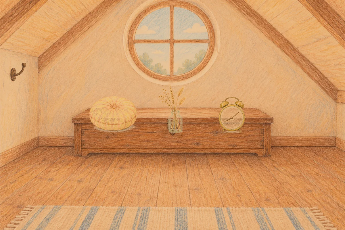 회기동 여성전용 아로마 가격 안내 그림, 저녁의 다락방 나무 궤짝 위에 놓인 둥근 쿠션, 마른 풀을 꽂은 항아리, 둥근 알람시계