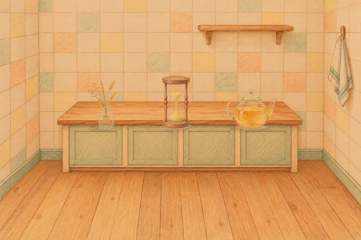 회기동 여성전용 스웨디시 추천 안내 그림, 저녁의 부엌 나무 조리대 위에 놓인 마른 풀을 꽂은 항아리, 모래시계, 유리 티포트