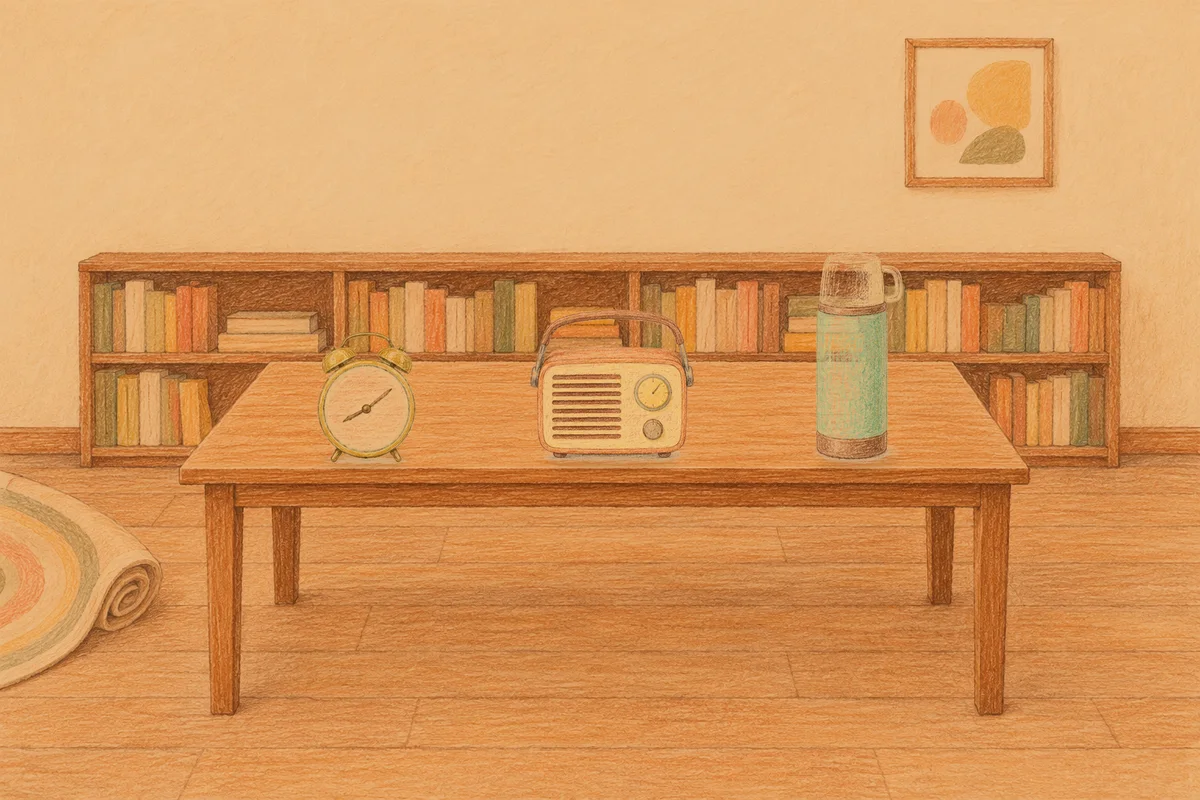 회기동 여성전용 아로마 추천 안내 그림, 저녁의 서재 긴 책상 위에 놓인 둥근 알람시계, 작은 라디오, 보온병