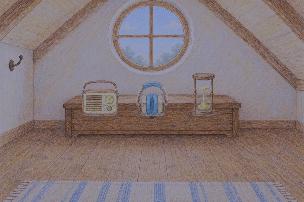회기동 여성전용 경락 가격 안내 그림, 밤의 다락방 나무 궤짝 위에 놓인 작은 라디오, 헤드폰, 모래시계