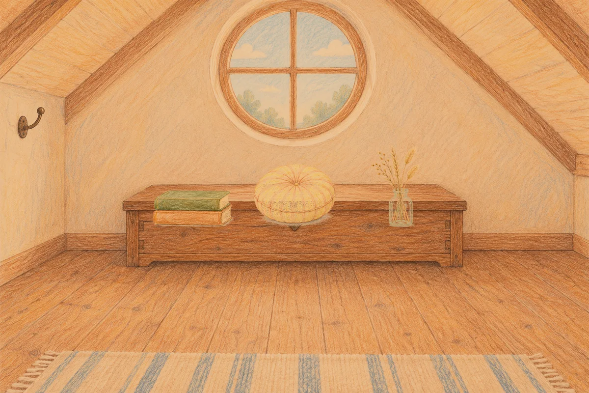 회기동 여성전용 1인샵 안내 그림, 저녁의 다락방 나무 궤짝 위에 놓인 책 두 권, 둥근 쿠션, 마른 풀을 꽂은 항아리