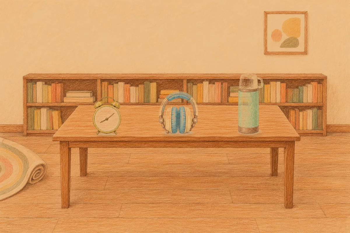 회기동 여성전용 홈케어 후기 안내 그림, 저녁의 서재 긴 책상 위에 놓인 둥근 알람시계, 헤드폰, 보온병