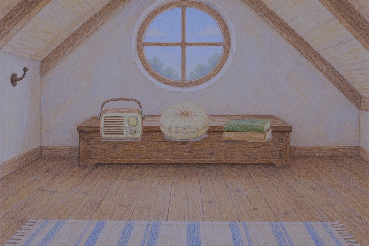회기동 여성전용 발 부종 케어 안내 그림, 밤의 다락방 나무 궤짝 위에 놓인 작은 라디오, 둥근 쿠션, 책 두 권