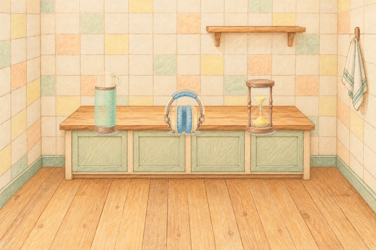 회기동 여성전용 발관리 후기 안내 그림, 낮의 부엌 나무 조리대 위에 놓인 보온병, 헤드폰, 모래시계