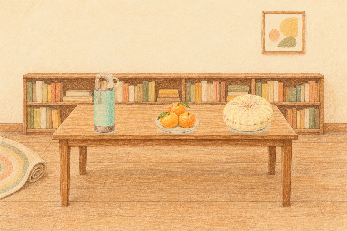 회기동 여성전용 발관리 추천 안내 그림, 낮의 서재 긴 책상 위에 놓인 보온병, 귤이 담긴 접시, 둥근 쿠션