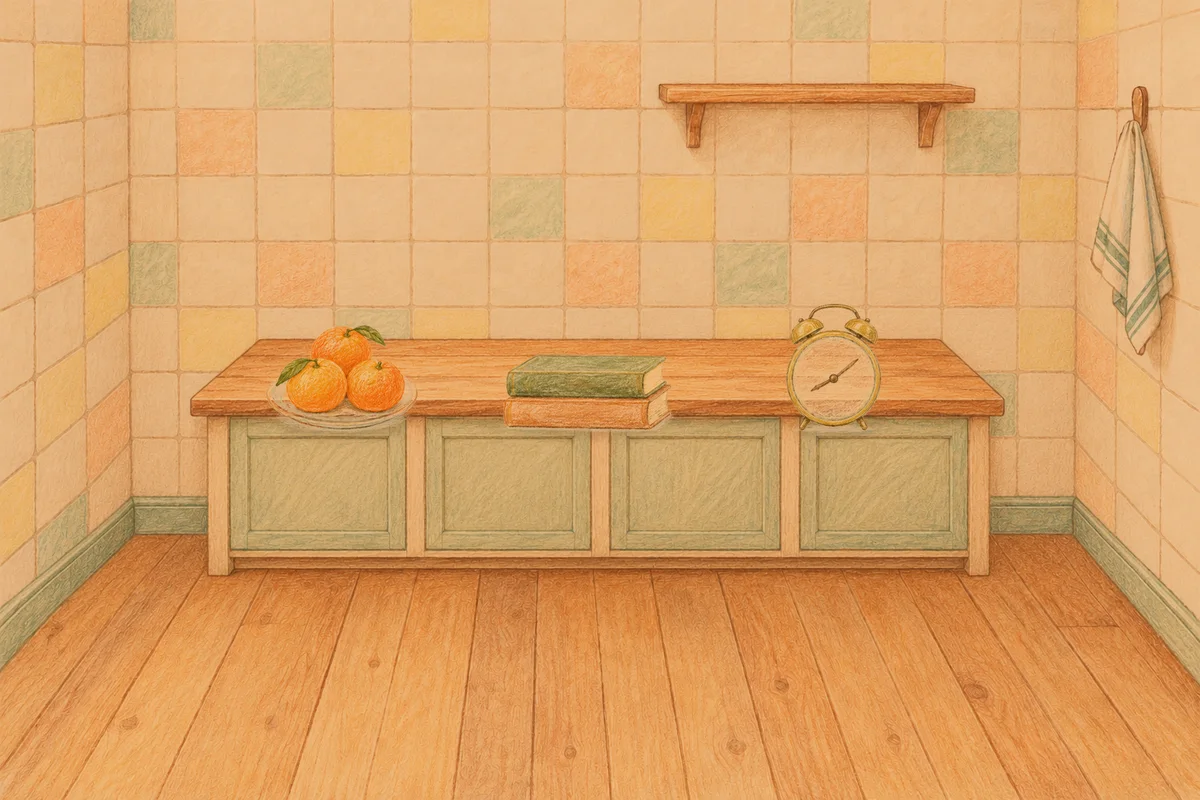 회기동 여성전용 부종 케어 안내 그림, 저녁의 부엌 나무 조리대 위에 놓인 귤이 담긴 접시, 책 두 권, 둥근 알람시계