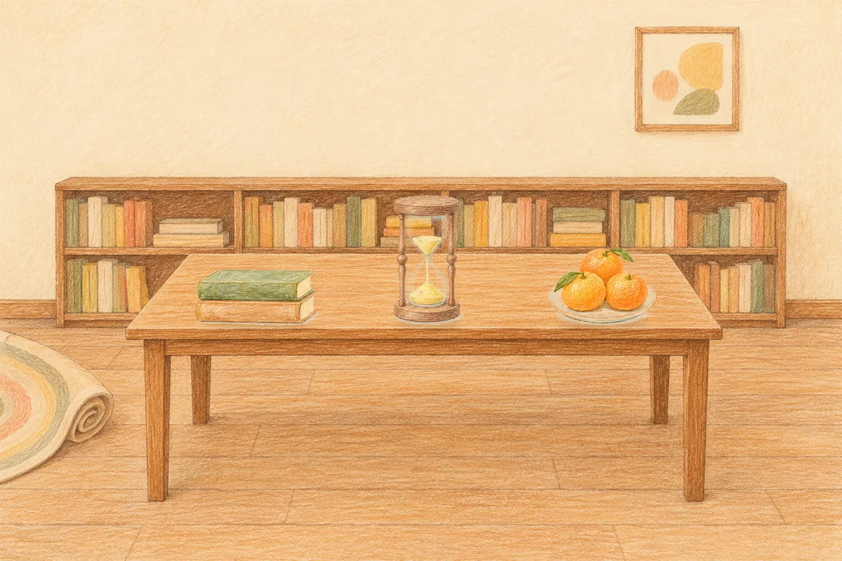 회기동 여성전용 바디 케어 안내 그림, 낮의 서재 긴 책상 위에 놓인 책 두 권, 모래시계, 귤이 담긴 접시