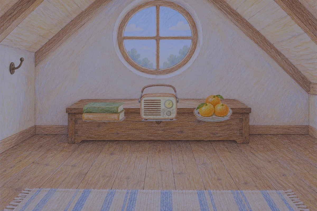 회기동 여성전용 종아리 케어 안내 그림, 밤의 다락방 나무 궤짝 위에 놓인 책 두 권, 작은 라디오, 귤이 담긴 접시