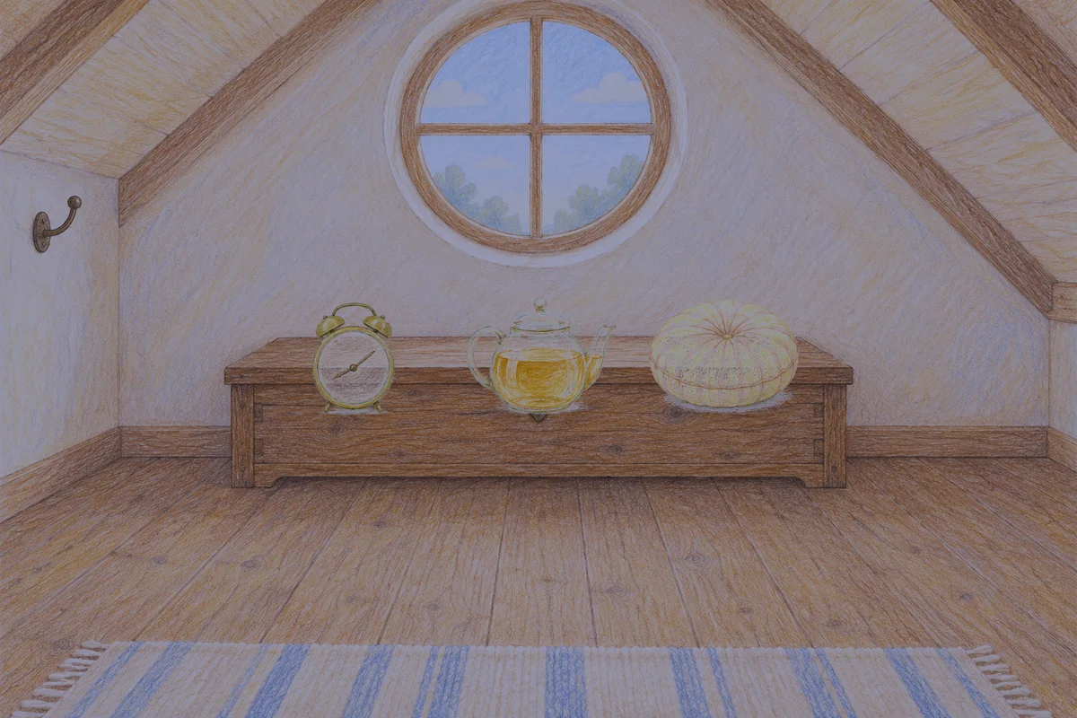 회기동 여성전용 두통 완화 마사지 안내 그림, 밤의 다락방 나무 궤짝 위에 놓인 둥근 알람시계, 유리 티포트, 둥근 쿠션