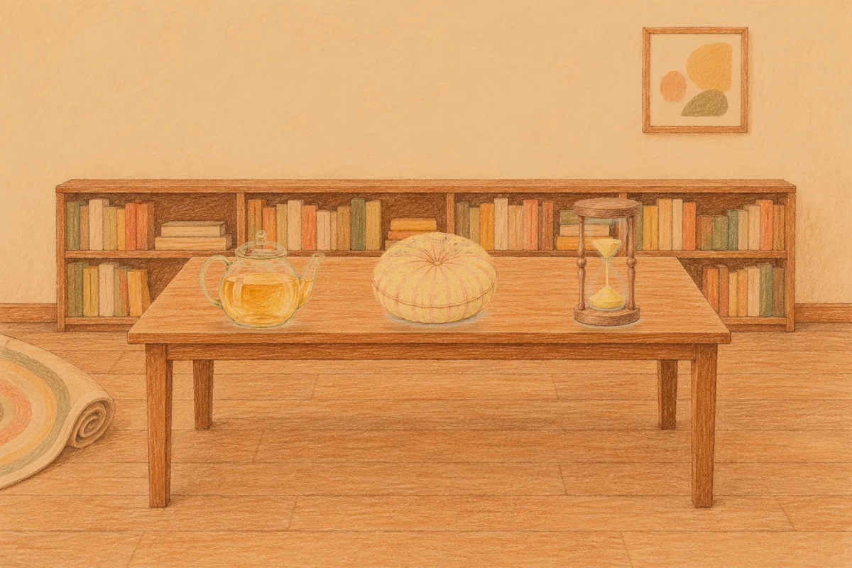회기동 여성전용 스트레스 케어 안내 그림, 저녁의 서재 긴 책상 위에 놓인 유리 티포트, 둥근 쿠션, 모래시계