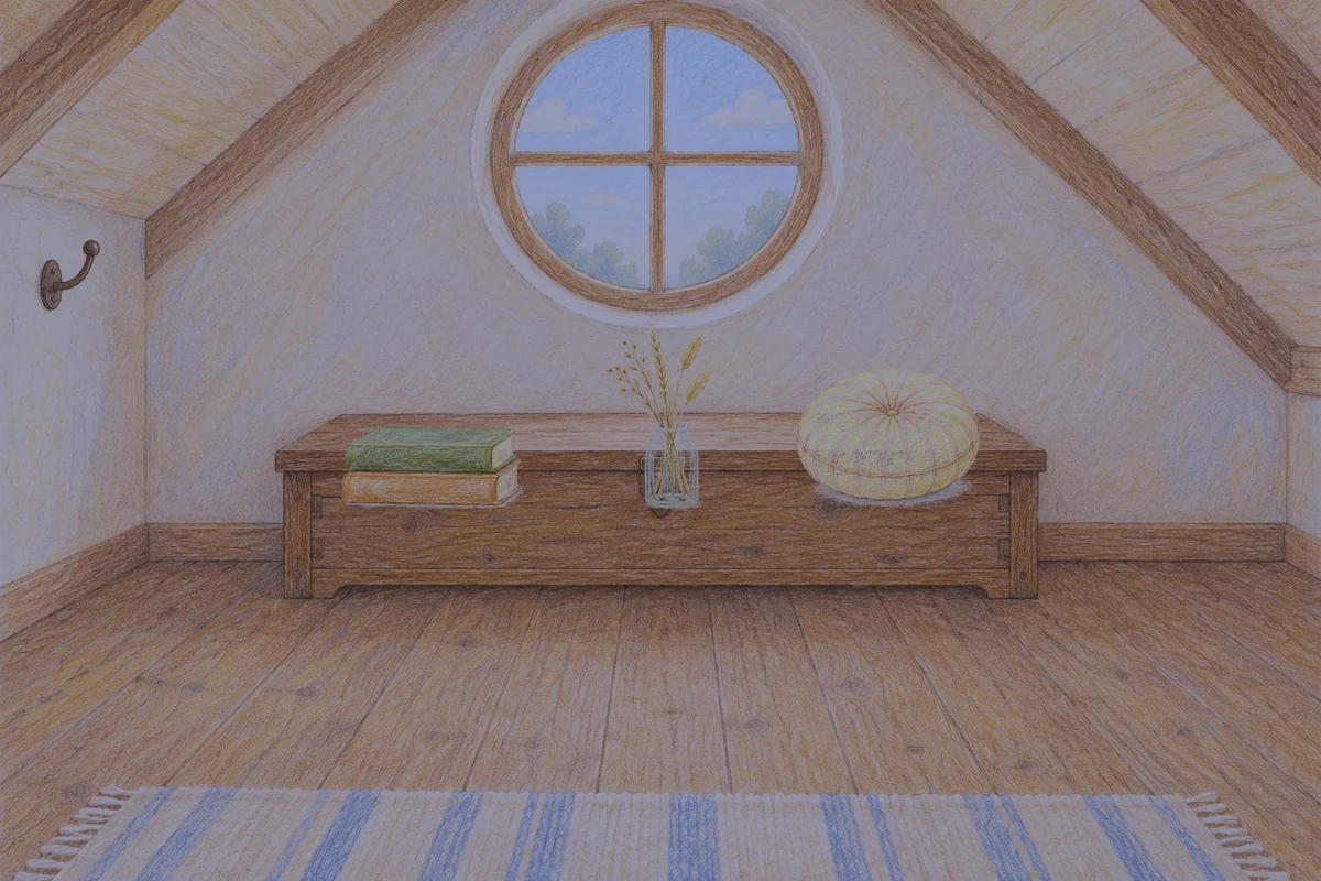 회기동 여성전용 림프 페이셜 안내 그림, 밤의 다락방 나무 궤짝 위에 놓인 책 두 권, 마른 풀을 꽂은 항아리, 둥근 쿠션