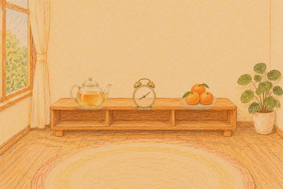 회기동 여성전용 브라이덜 케어 안내 그림, 저녁의 창가 낮은 선반 위에 놓인 유리 티포트, 둥근 알람시계, 귤이 담긴 접시