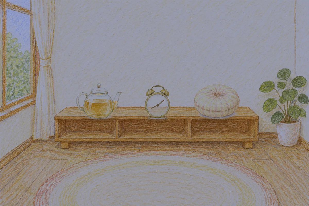 제기동 여성전용 아로마테라피 안내 그림, 밤의 창가 낮은 선반 위에 놓인 유리 티포트, 둥근 알람시계, 둥근 쿠션