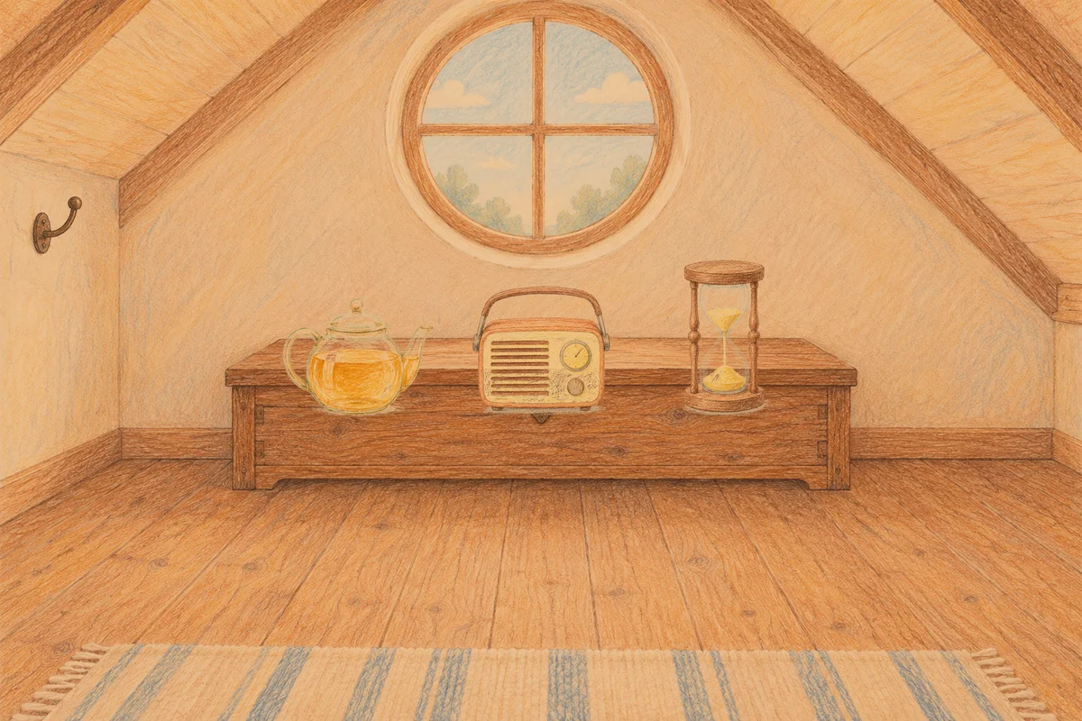 제기동 여성전용 프리미엄 스웨디시 안내 그림, 저녁의 다락방 나무 궤짝 위에 놓인 유리 티포트, 작은 라디오, 모래시계
