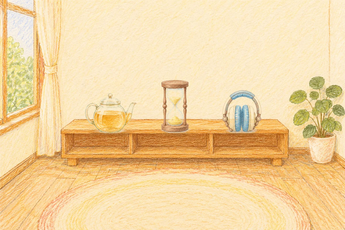 제기동 여성전용 아로마 가격 안내 그림, 낮의 창가 낮은 선반 위에 놓인 유리 티포트, 모래시계, 헤드폰