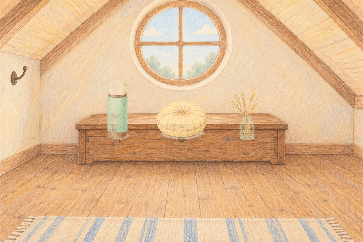제기동 여성전용 아로마 추천 안내 그림, 낮의 다락방 나무 궤짝 위에 놓인 보온병, 둥근 쿠션, 마른 풀을 꽂은 항아리