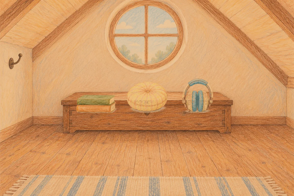 제기동 여성전용 경락 마사지 안내 그림, 저녁의 다락방 나무 궤짝 위에 놓인 책 두 권, 둥근 쿠션, 헤드폰