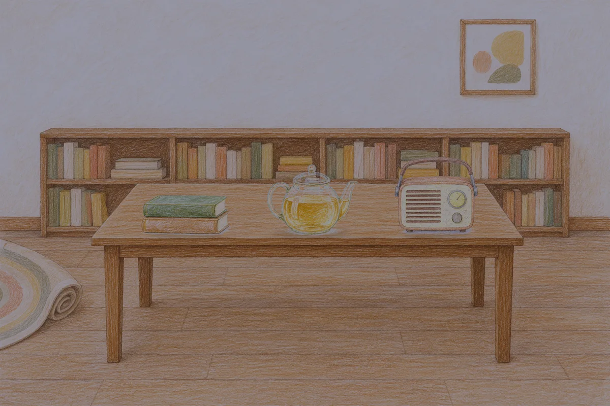 제기동 여성전용 경락 가격 안내 그림, 밤의 서재 긴 책상 위에 놓인 책 두 권, 유리 티포트, 작은 라디오