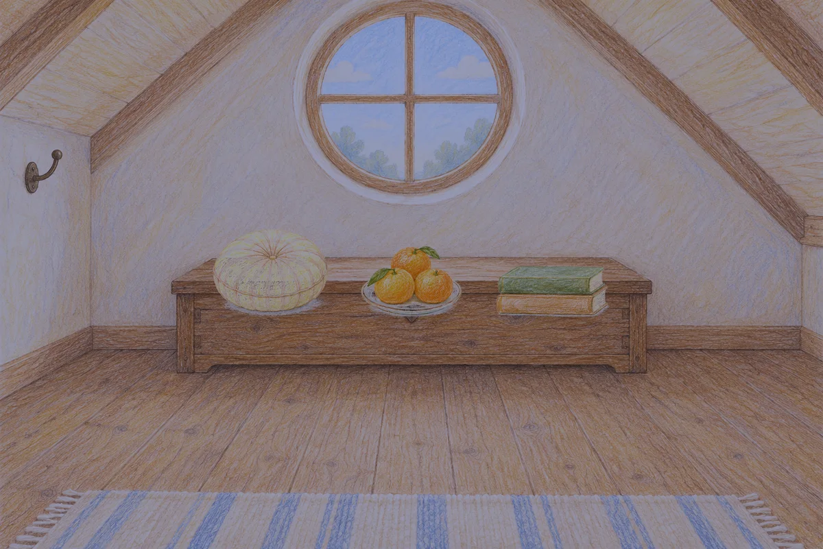 제기동 여성전용 경락 추천 안내 그림, 밤의 다락방 나무 궤짝 위에 놓인 둥근 쿠션, 귤이 담긴 접시, 책 두 권