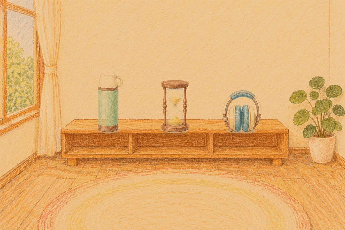 제기동 여성전용 방문 홈케어 안내 그림, 저녁의 창가 낮은 선반 위에 놓인 보온병, 모래시계, 헤드폰
