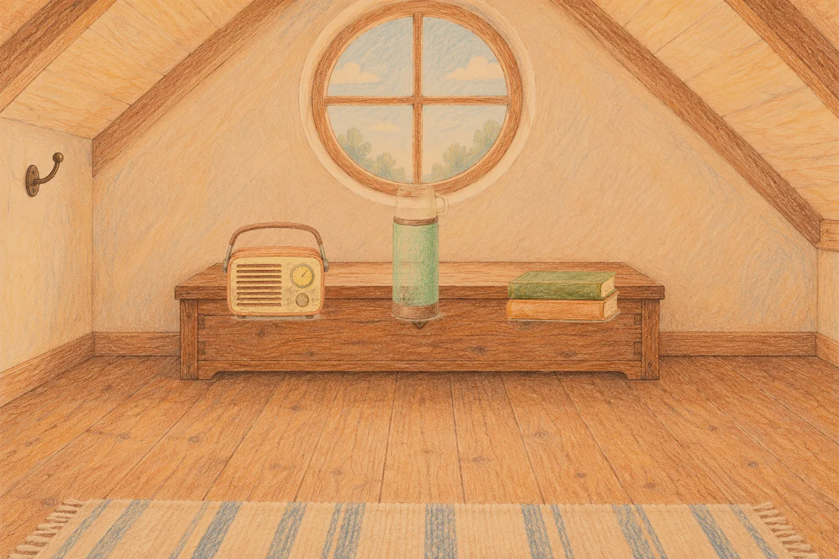 제기동 여성전용 홈케어 후기 안내 그림, 저녁의 다락방 나무 궤짝 위에 놓인 작은 라디오, 보온병, 책 두 권
