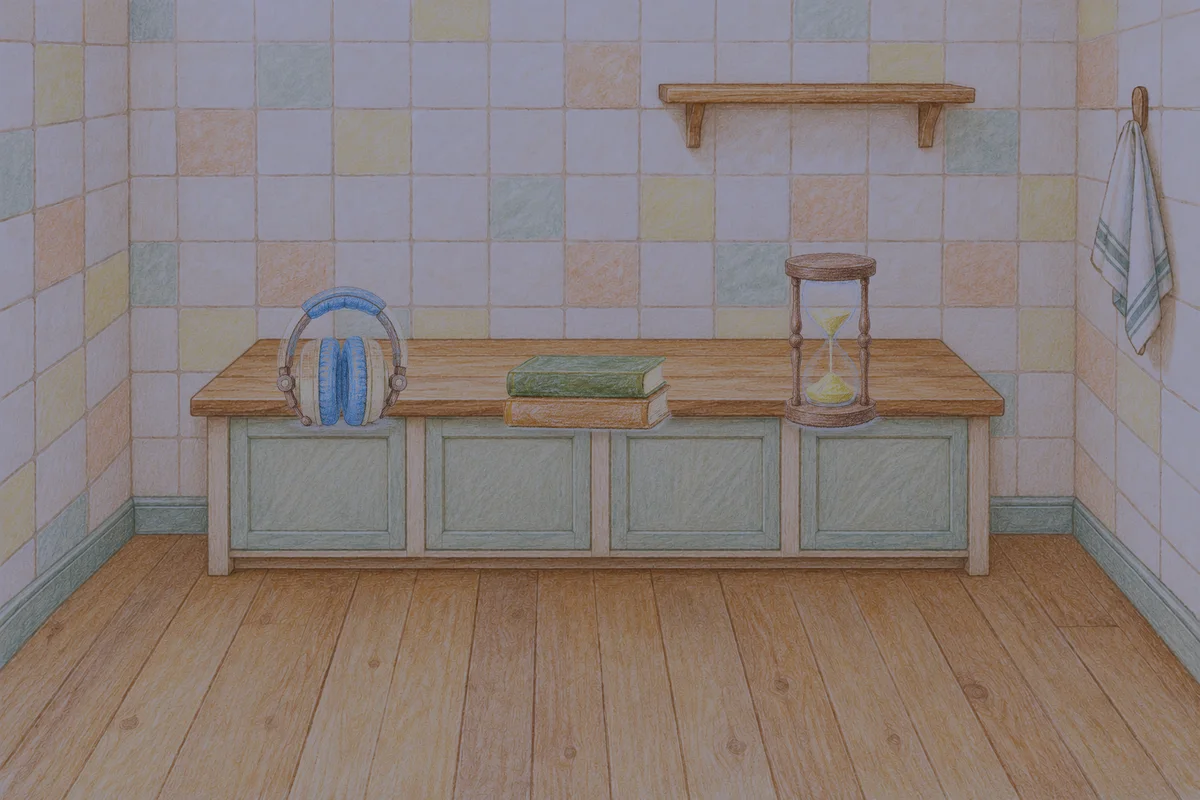 제기동 여성전용 홈케어 추천 안내 그림, 밤의 부엌 나무 조리대 위에 놓인 헤드폰, 책 두 권, 모래시계