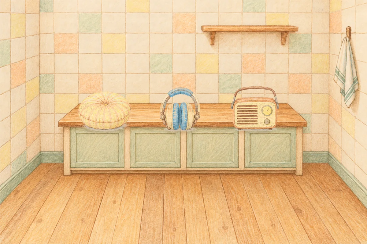 제기동 여성전용 발관리 추천 안내 그림, 낮의 부엌 나무 조리대 위에 놓인 둥근 쿠션, 헤드폰, 작은 라디오